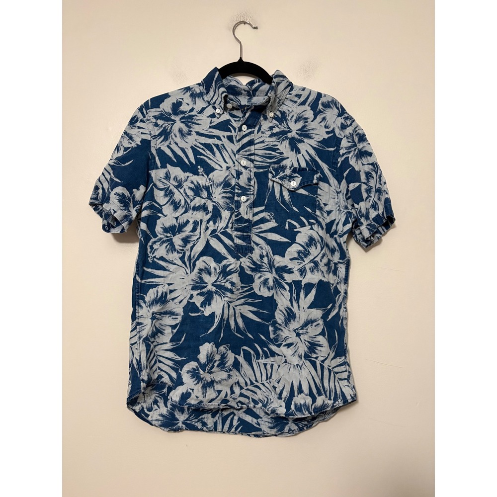 Ralph Lauren Mens‎ Blue White Hibiscus Floral 100% Linen Short Sleeve Popover S